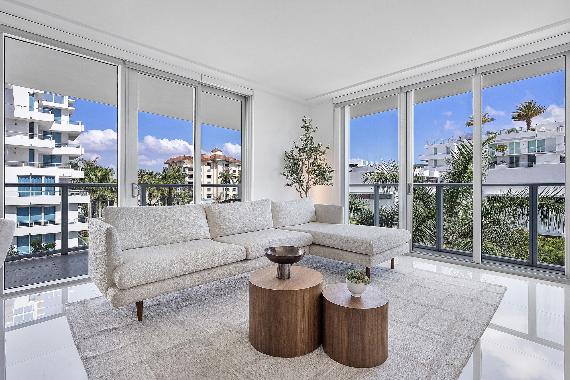 Corner living room at One By Tross, Bay Harbor Islands
